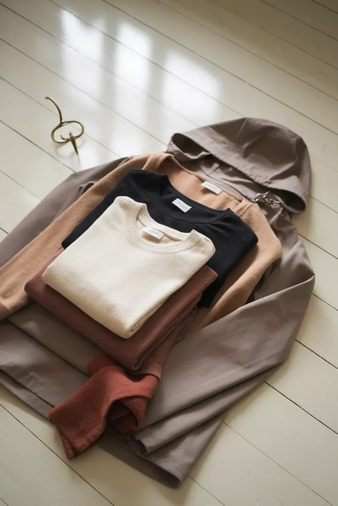 Ireland packing layers flat-lay merino crewneck, black tee, camel cardigan, waterproof hooded shell.