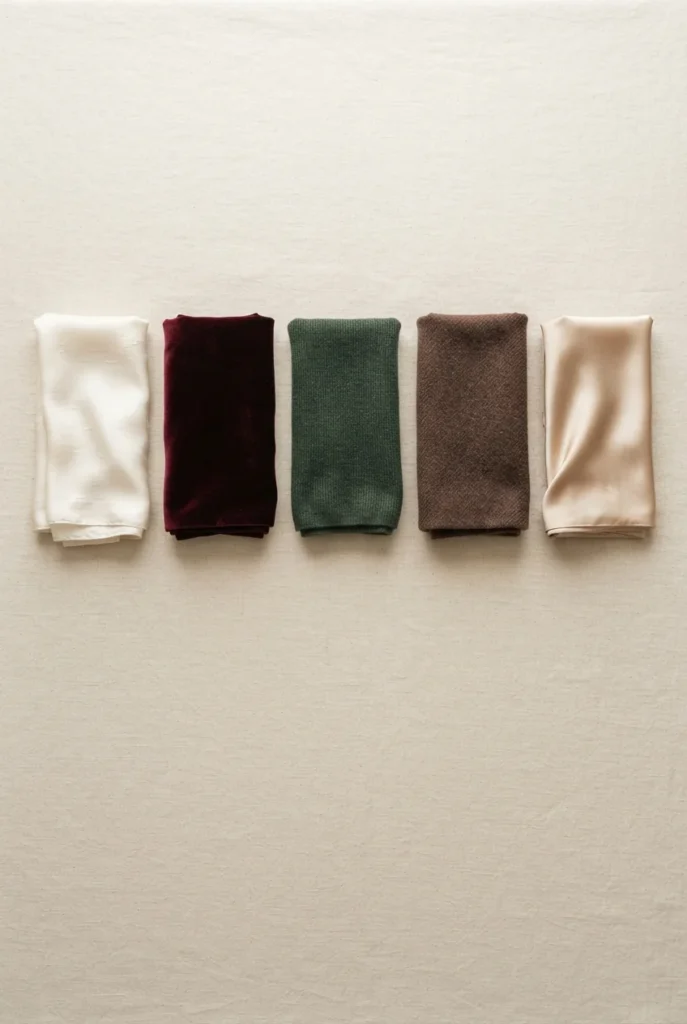 Ivory, burgundy, green, chocolate, and champagne fabric swatches for New Year's Eve outfit colors.
