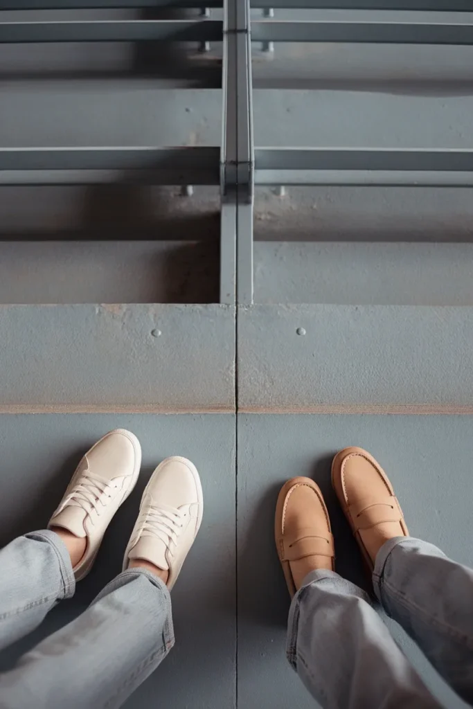 Ivory sneakers and tan loafers on a stadium concourse, best shoes for a baseball game