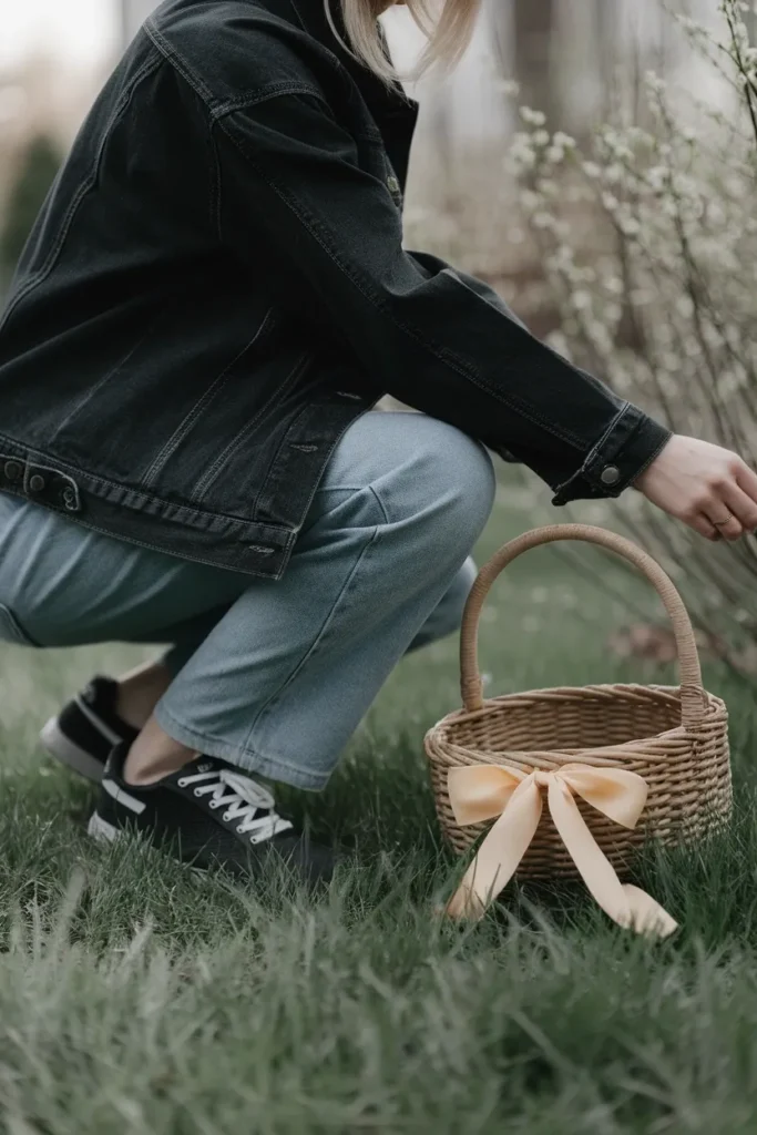 Jeans, denim jacket, and low sneakers for crouching on wet grass at an Easter egg hunt