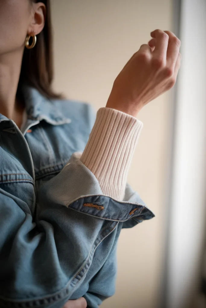 Knit cuff folded over a denim jacket cuff to prevent sleeve bunching