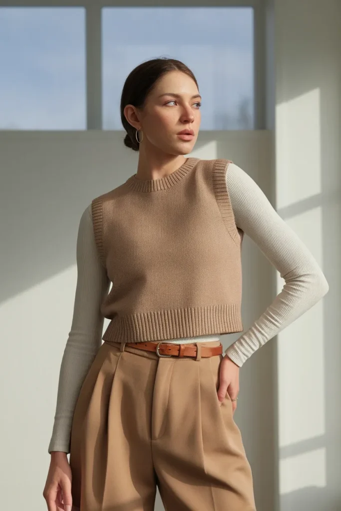 Knit vest and high-waisted pleated trousers fitted for proportion in eclectic grandpa style