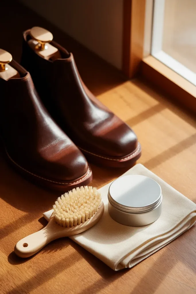 Leather ankle boots with cedar shoe trees beside a brush and conditioner for care