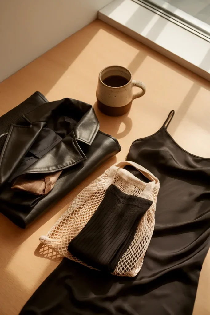 Leather jacket, slip dress and tights laid out for gentle care and washing