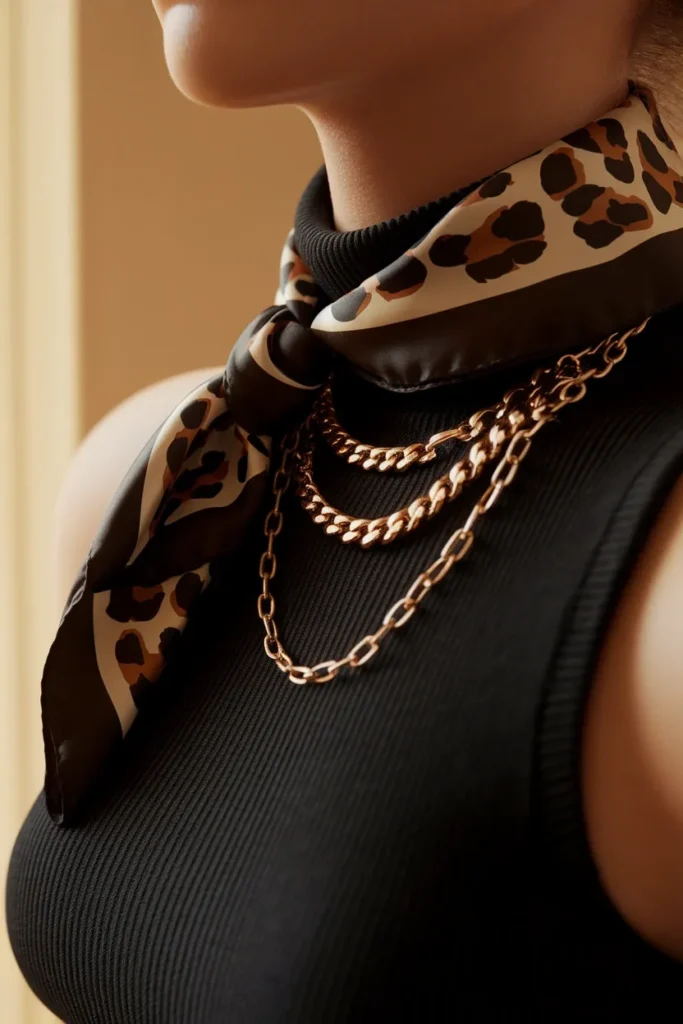 Leopard silk scarf and layered gold chains over a black turtleneck, mob wife outfit detail