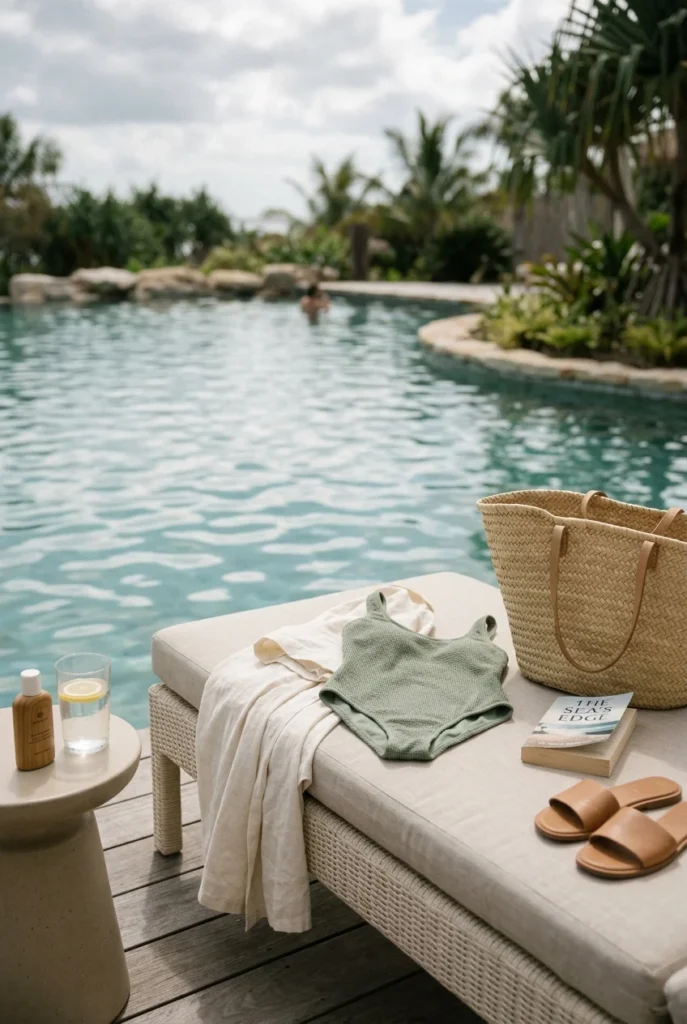 Linen cover-up, sage swimsuit and sandals on a poolside lounge chair in soft light