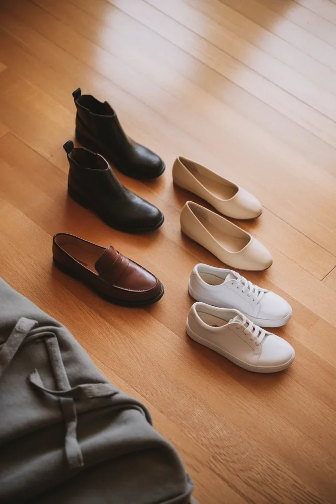 Loafers, ankle boots, ballet flats and white sneakers laid out as shoe options for joggers
