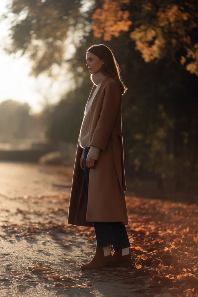 Long camel wool coat layered over ivory knit and denim with chestnut Uggs on a fall path