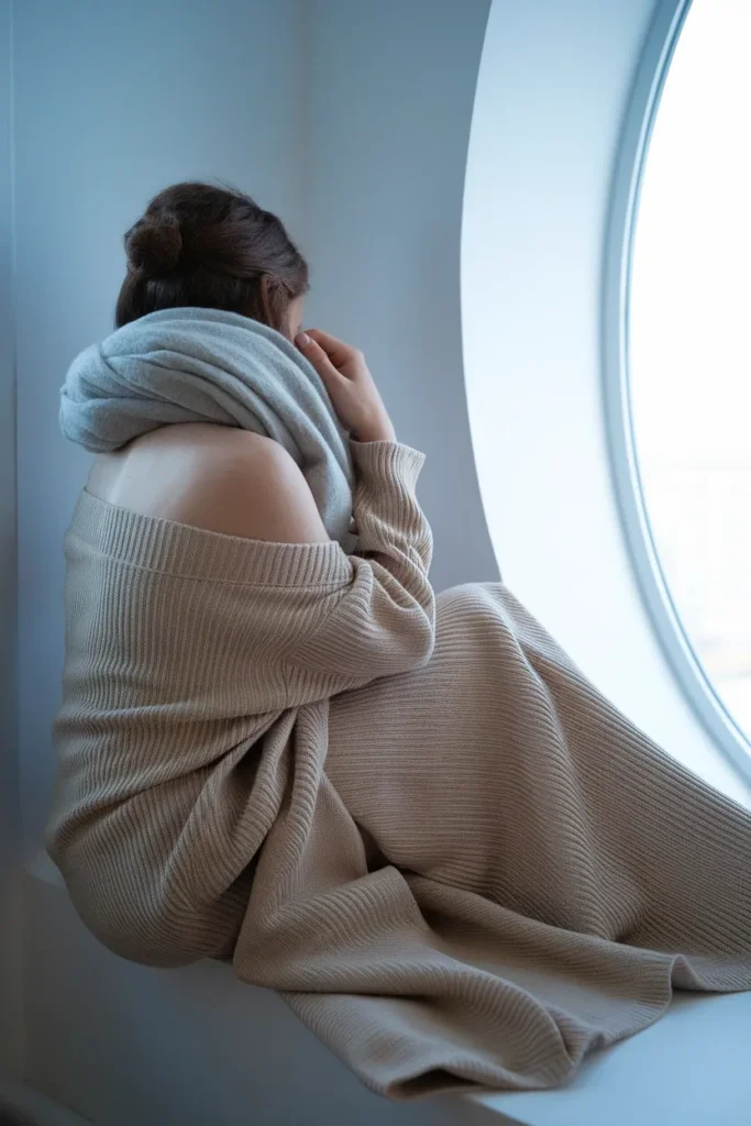 Long oatmeal sweater jacket used as a blanket on a plane, layering for a cold cabin