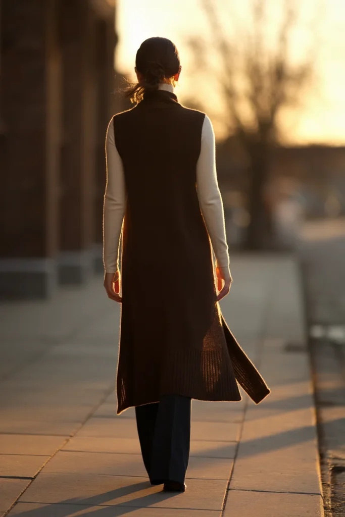 Long open knit vest over a turtleneck and slim trousers showing the elongating vertical line