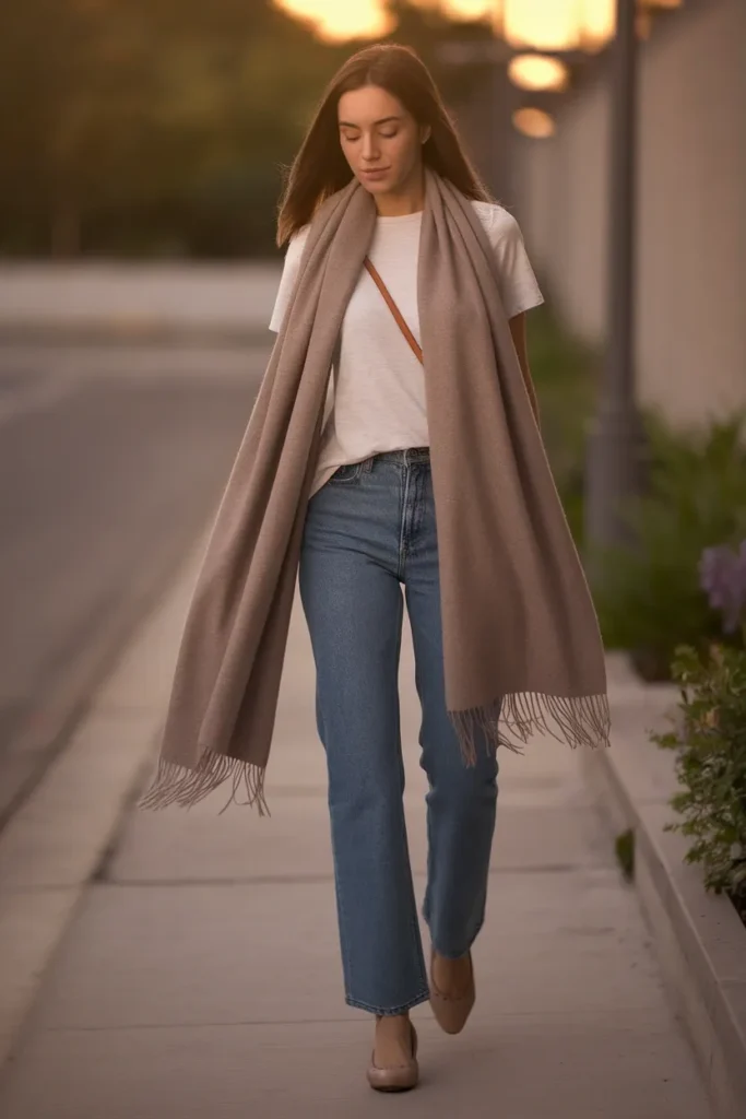 Loose scarf drape over a white tee and jeans, styled for an everyday capsule wardrobe outfit