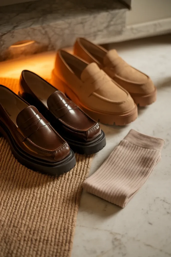 Lug-sole and penny loafers for eclectic grandpa style, shown with ribbed trouser socks