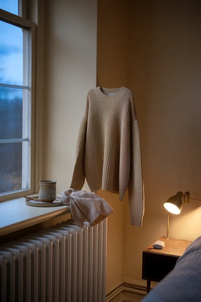 Merino sweater drying overnight on a radiator in an Irish guest room, the fabric rule that works.