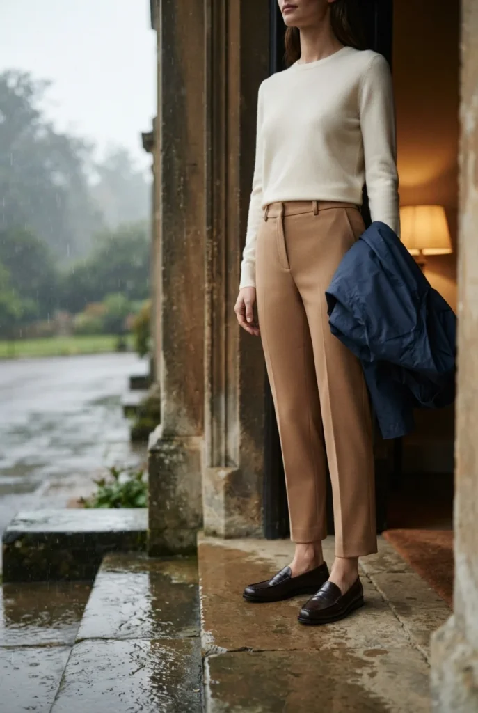 Merino sweater, tailored trousers and waterproof loafers under a packable rain shell.