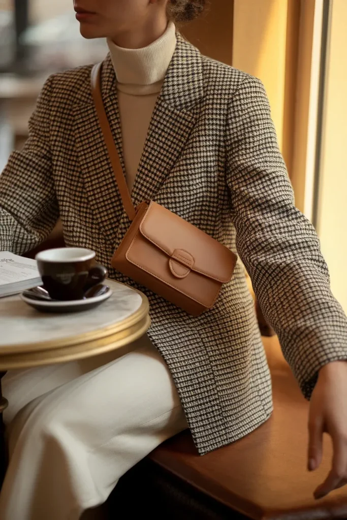Micro houndstooth blazer worn with cream turtleneck for the bold checks fall 2026 trend