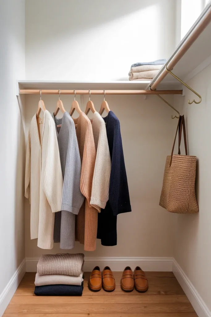 Minimal capsule wardrobe rail with six neutral garments, folded knits and tan leather loafers