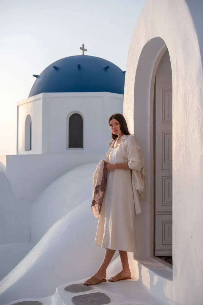 Modest Greek monastery outfit with linen midi dress and shirt covering shoulders