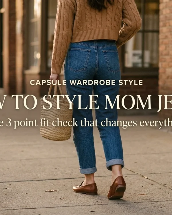 Mom jeans outfit idea cuffed indigo mom jeans, cropped camel knit sweater, and brown loafers