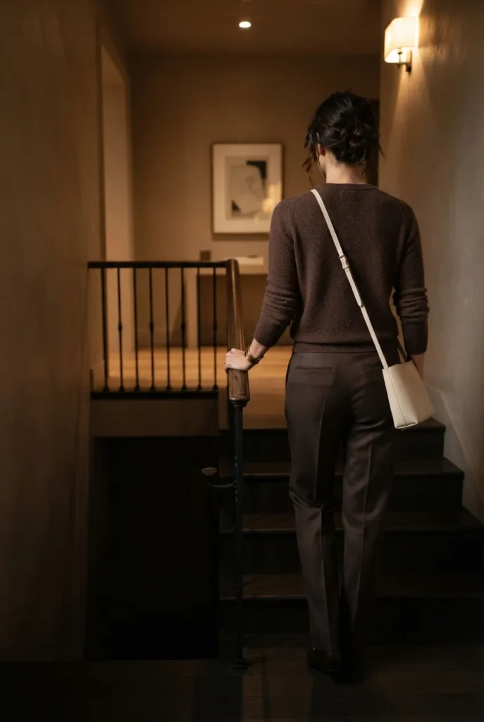 Monochrome chocolate brown New Year's Eve outfit with bone crossbody and gold cuff.