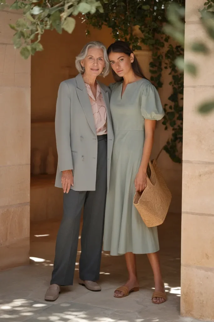 Mother and grandmother of the graduate in coordinated gray blazer and sage midi dress at a graduation.