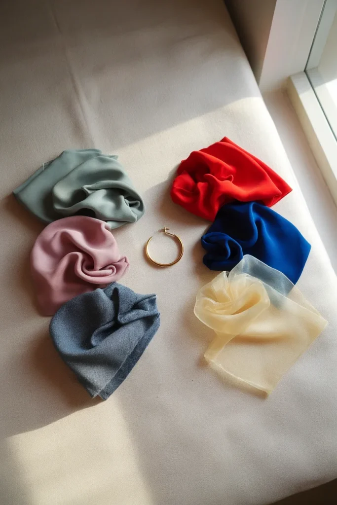 Muted fabric swatches beside clear saturated swatches for a chroma test
