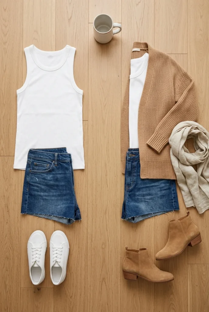 Nashville day to night layering, same outfit shown with and without an evening layer