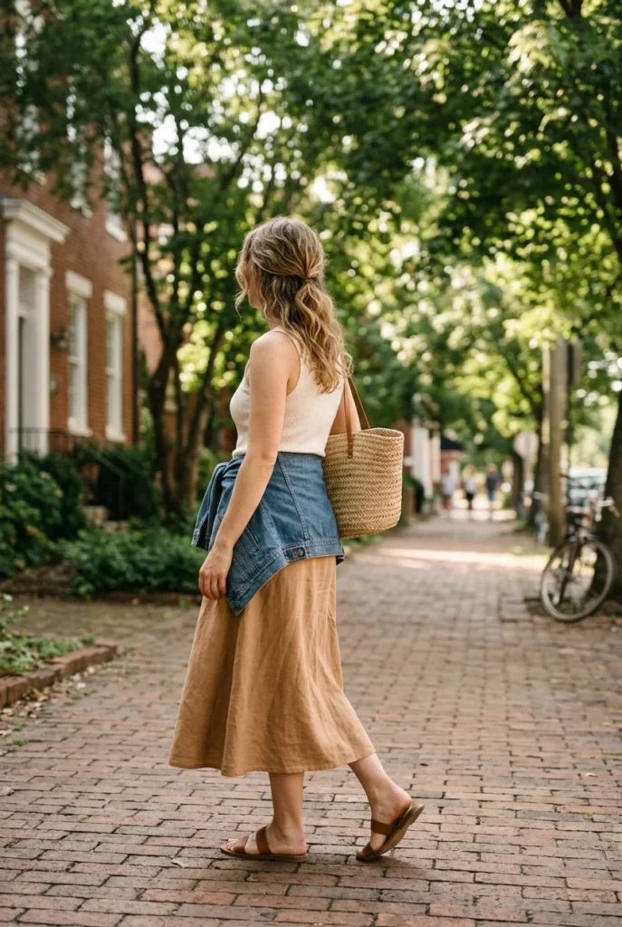 Nashville daytime outfit idea, camel midi skirt with ivory tank and knotted denim jacket