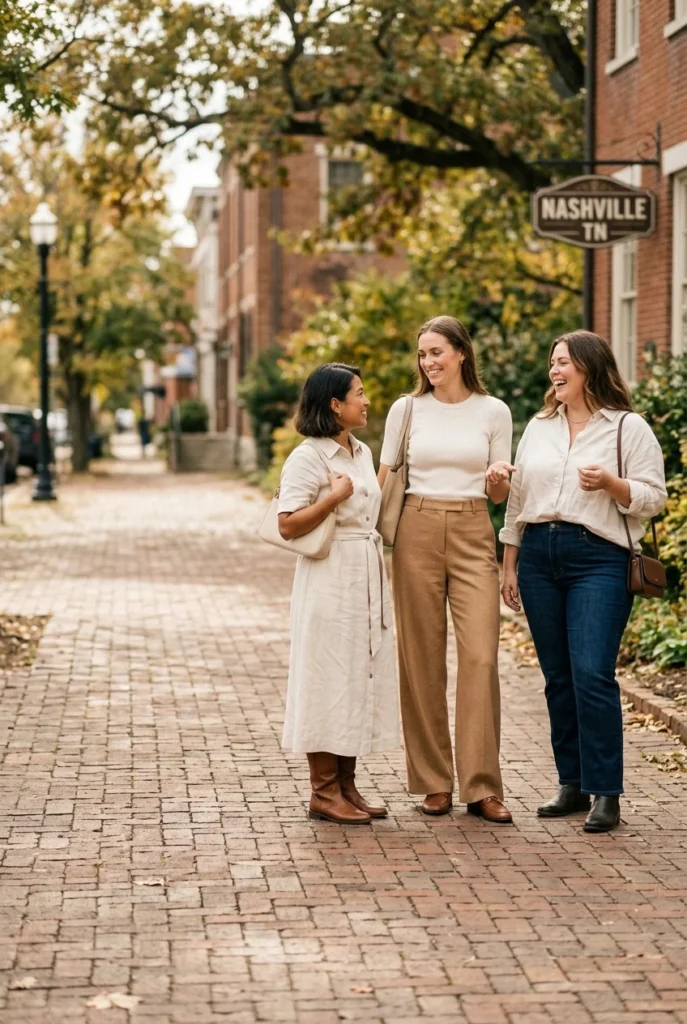 Nashville outfit ideas for different body types in neutral midi dress, wide leg trousers, and jeans