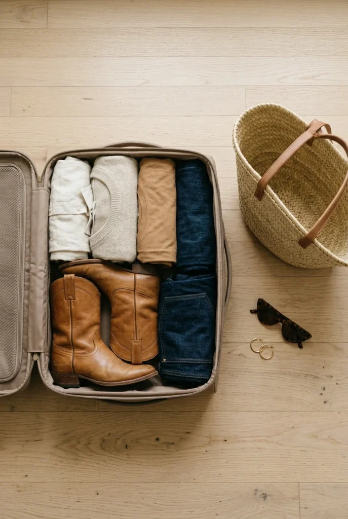 Nashville packing list for women, carry-on suitcase with neutral capsule pieces and boots