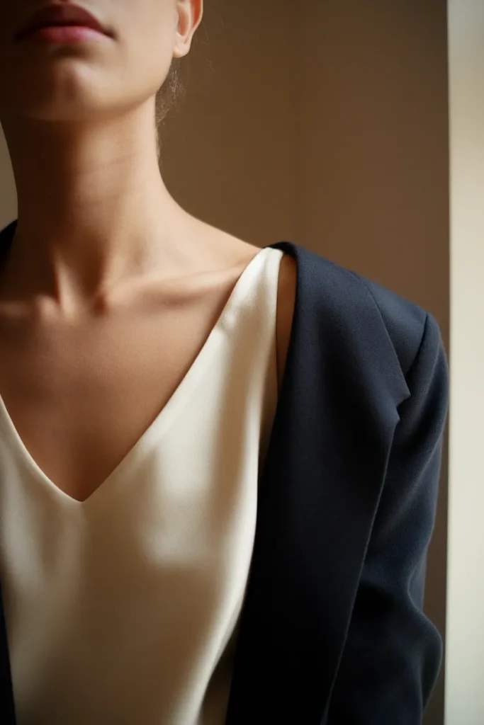 Navy blazer shoulder seam sitting correctly at the shoulder point over an ivory V-neck shell.