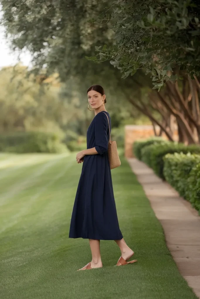 Navy midi dress with flat tan sandals and a woven tote at an outdoor graduation on a grass lawn.