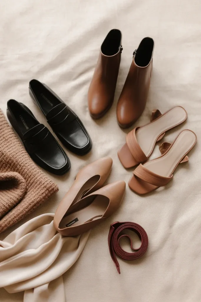 Neutral capsule shoe palette in black espresso bone and tan on cream linen