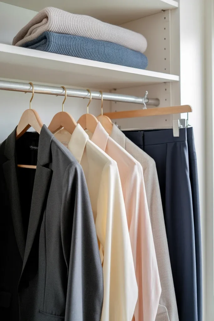 Neutral capsule wardrobe closet with blazers, button-downs, and a pencil skirt on wooden hangers