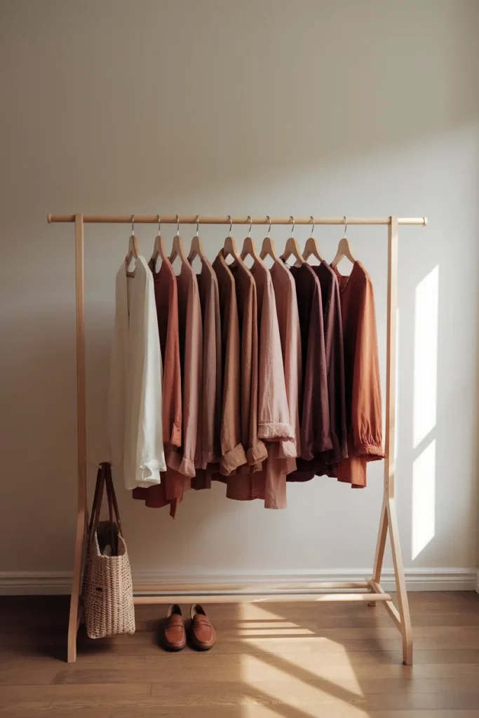 Neutral capsule wardrobe rail arranged in a camel and cream color palette