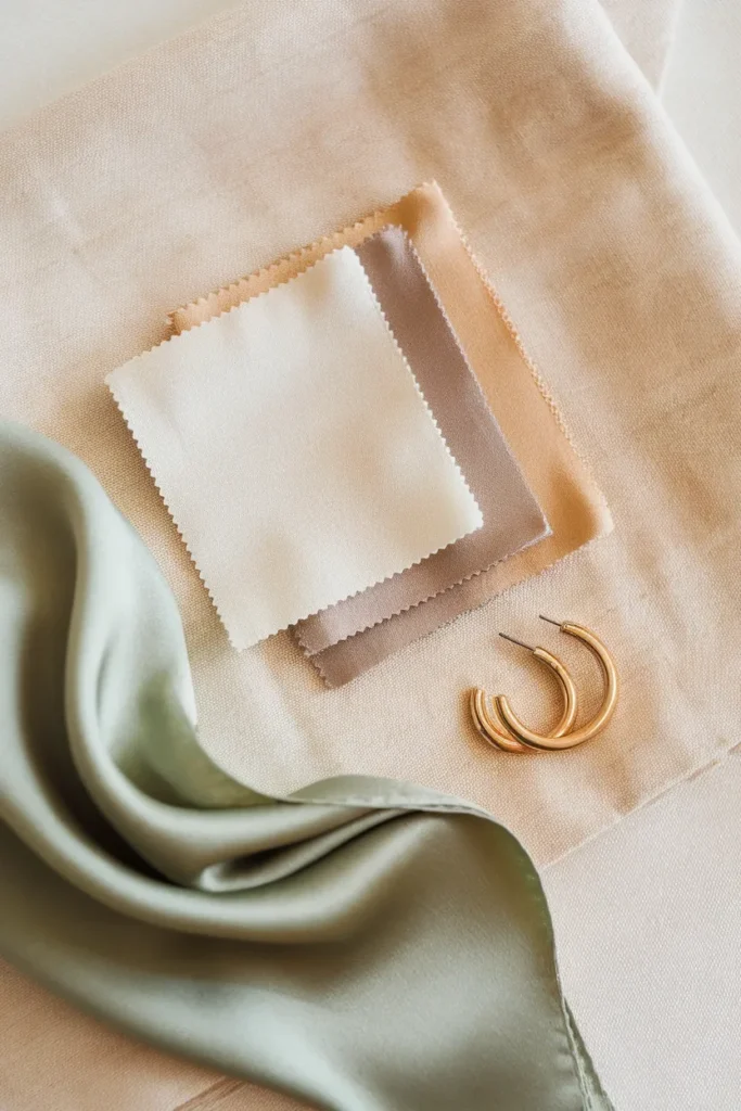 Neutral fabric swatches in ivory, oat, and taupe with a single sage silk scarf accent