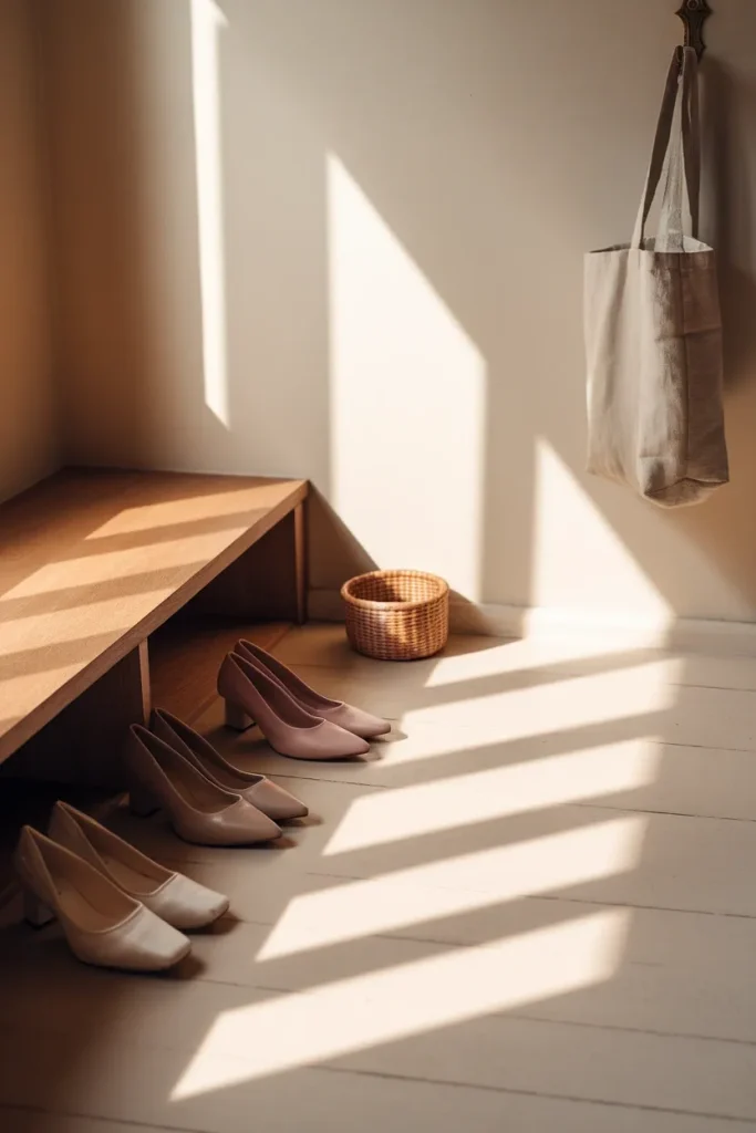 Neutral shoe capsule lined up on a wooden closet shelf with one pair being edited out