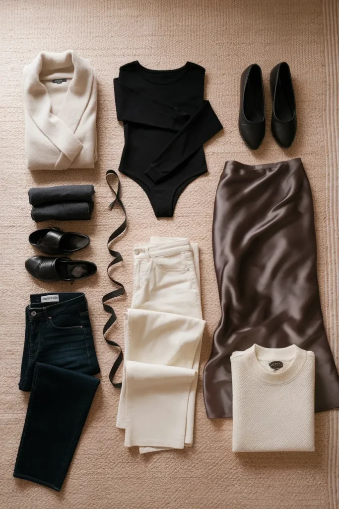 Nine balletcore capsule wardrobe pieces flat lay in cream, black and espresso