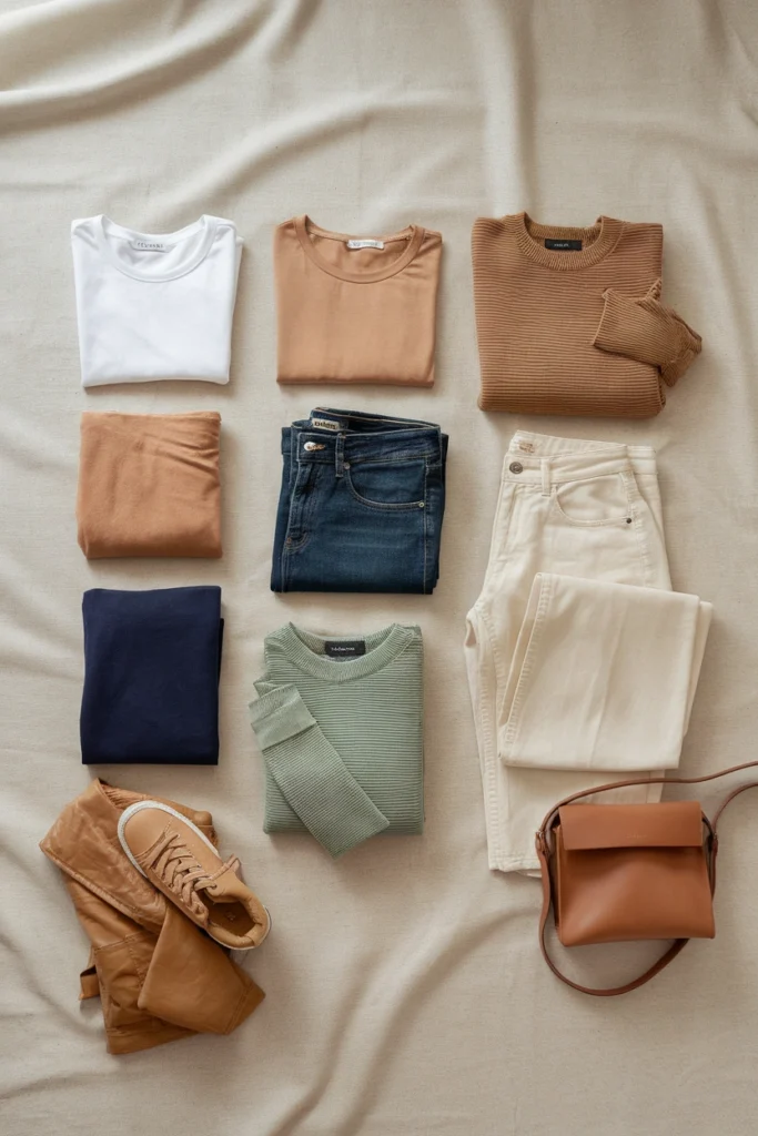 Nine-piece Disneyland capsule wardrobe tees, jeans, linen trousers, knit skirt, jacket, sneakers
