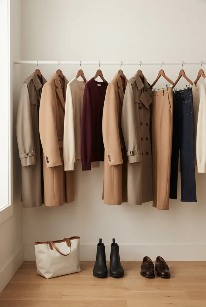 Nine-piece rain capsule wardrobe hanging in a closet with boots and a canvas bag below.