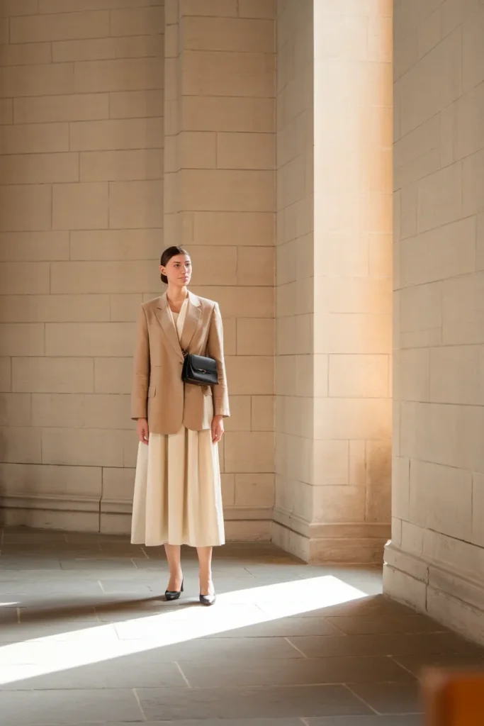 Oat blazer layered over cream midi dress for an Easter church service