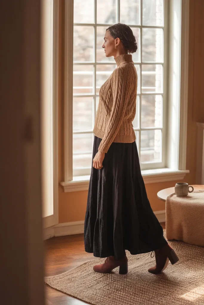 Oat chunky knit sweater half tucked into a black tiered maxi skirt with oxblood boots for a whimsigoth fall outfit