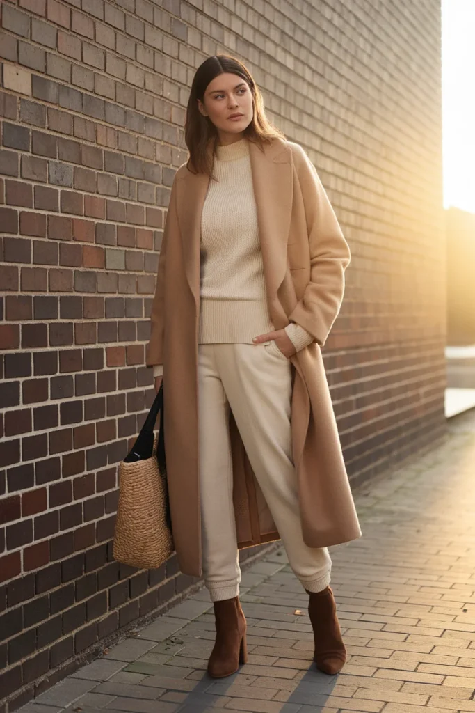 Oat joggers with cream knit, long camel coat and ankle boots for a fall outfit
