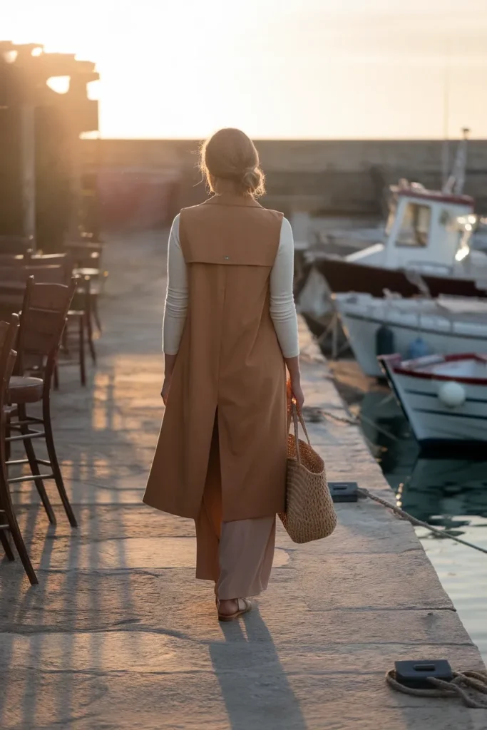 October in Greece outfit with camel trench, cream top, and oat wide-leg pants