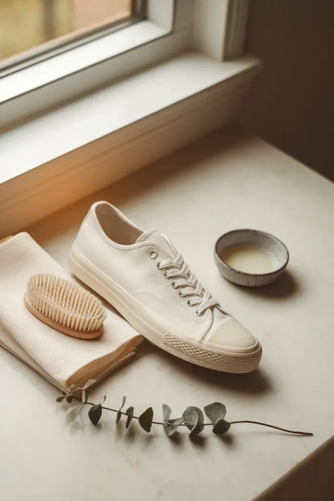 Off-white canvas sneaker with a soft brush and linen napkin for gentle cleaning