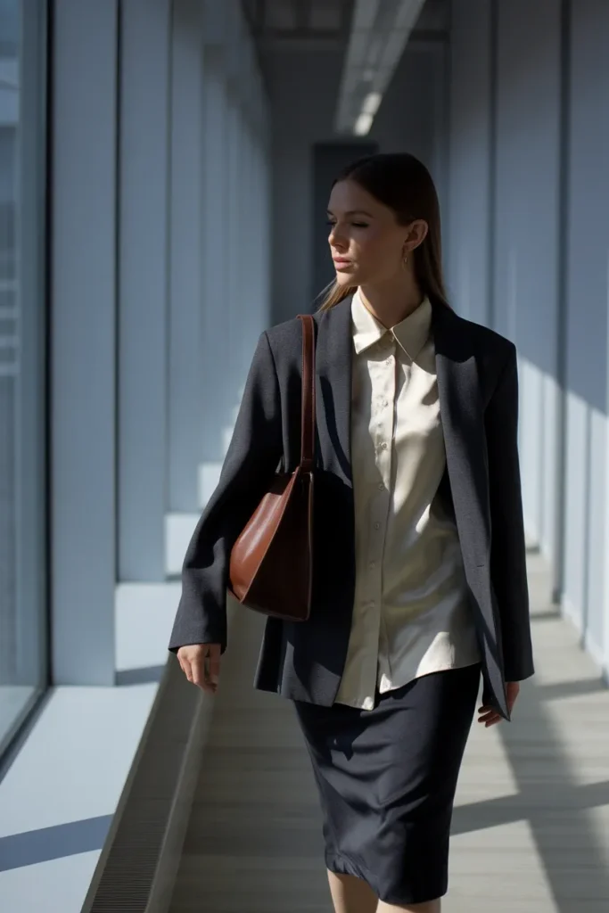 Office siren aesthetic outfit with charcoal blazer, silk button-down, and soft black pencil skirt