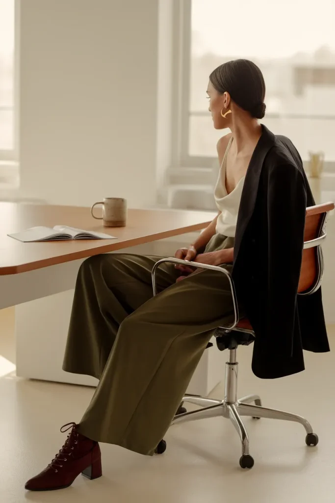 Olive wide leg trousers, ivory shell and black blazer with oxblood boots as a workplace whimsigoth outfit