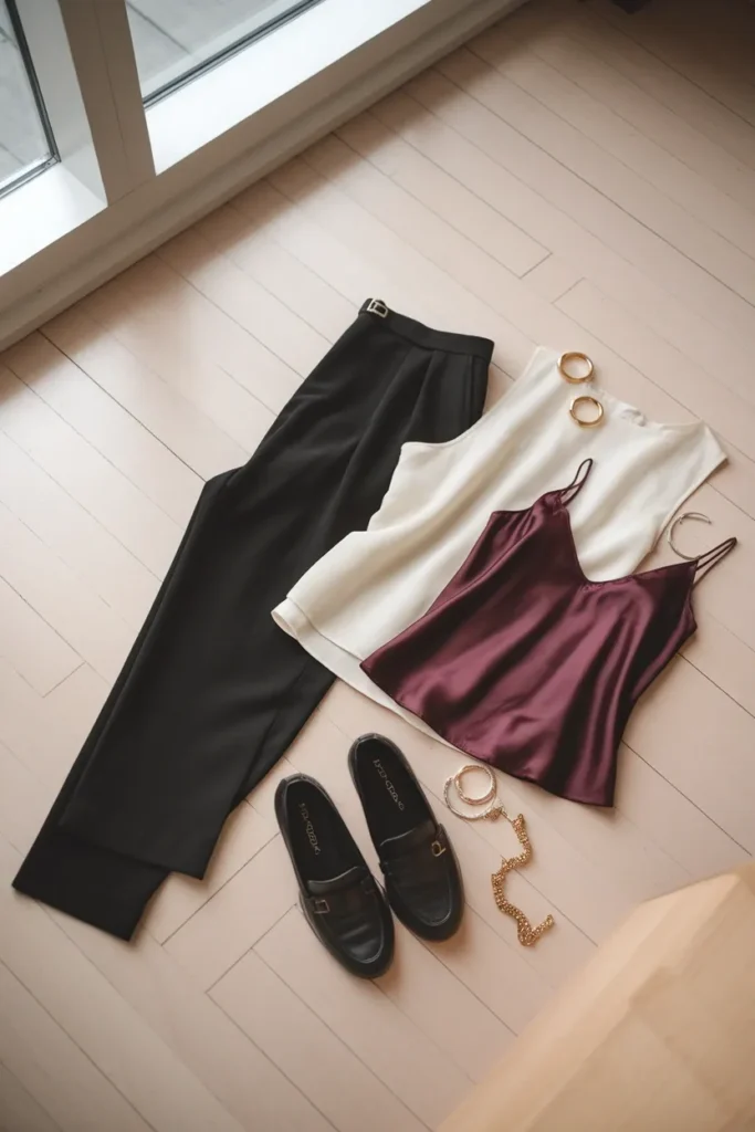 One pair of black trousers styled two ways for a graduation ceremony and evening party.