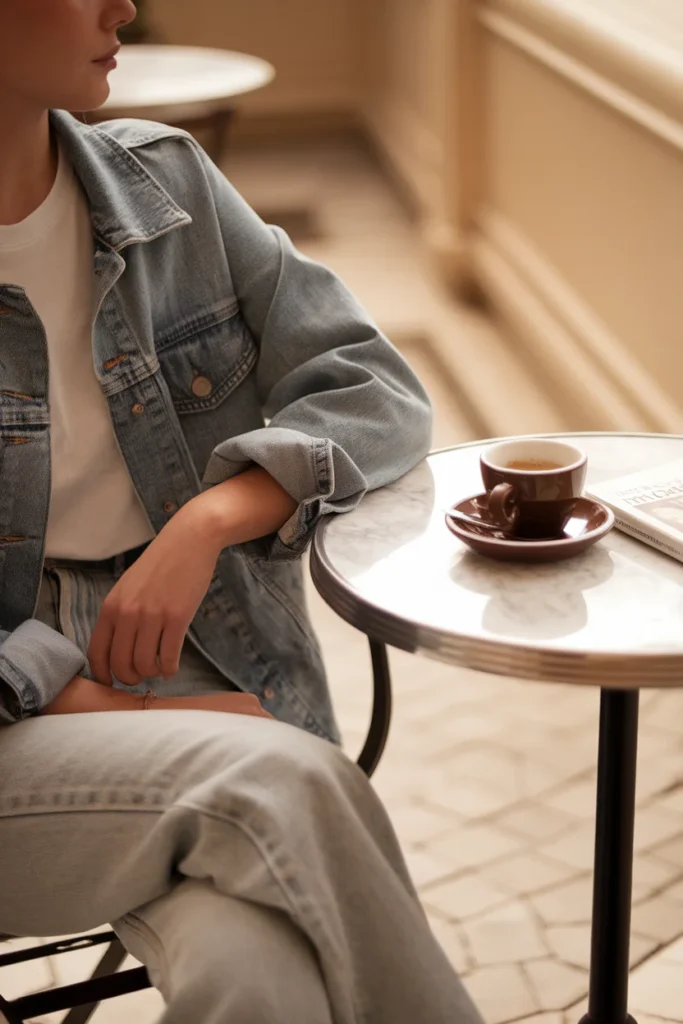 Open denim jacket over a white tee at a café in mild 70 degree weather