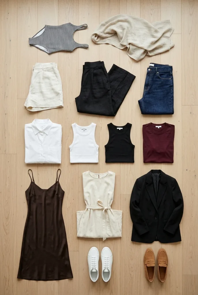 Overhead flat lay of a 12-piece neutral Vegas capsule wardrobe on hardwood floor