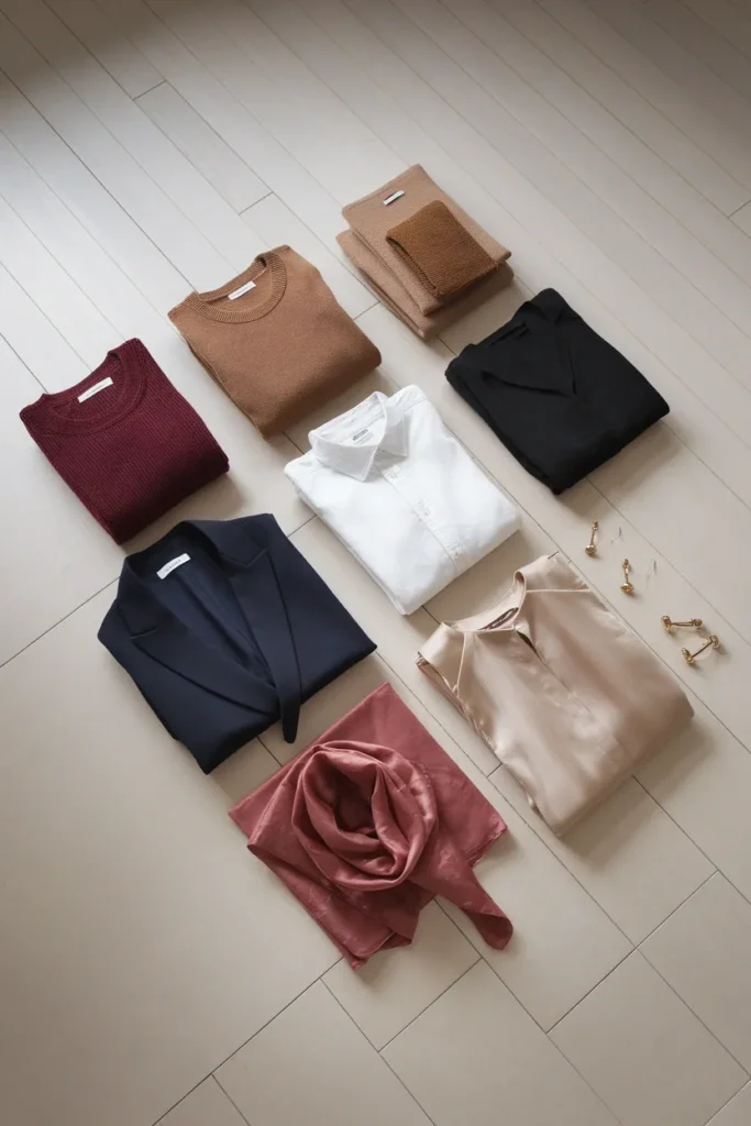 Overhead flat lay of a nine-piece waist-up capsule for professional headshot outfits.